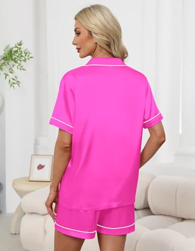 Image of Schbbbta Women Pajamas Set, 2 Pieces Satin Silk Button Down Pjs Short Sleeve Outfits Loungewear