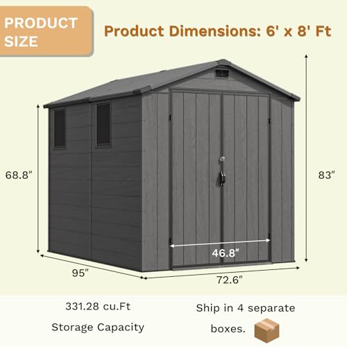 Image of Devoko 6x8 Ft Outdoor Storage Shed - Lockable Resin Tool Shed with Window & Floor - Easy Assembly for Garden, Backyard, Dark Gray