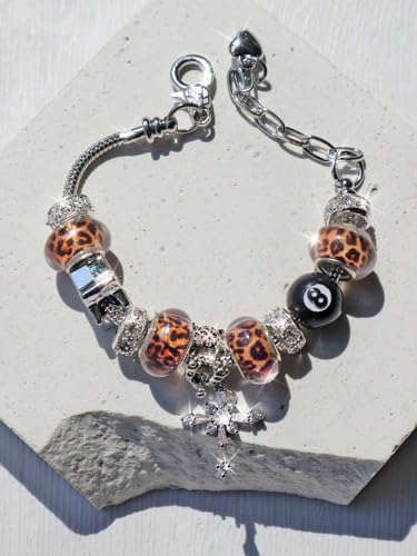 Beaded Y2K Bracelet with Leopard Charms – Chunky Chain Statement Jewelry with Cross Pendant, 8 Ball, Teddy Bear for Grunge Street Style3