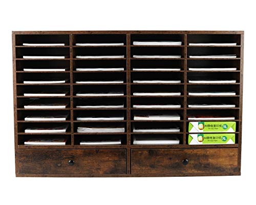 Pag Wood Literature Organizer Adjustable File Sorter Mail Center Magazine Holder Paper Storage Cabinet Classroom Keepers Mailbox With 2 Drawers, 36 Slots, Antique Brown #TOP1