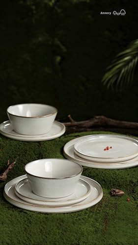 Famiware Annecy Dinner Plates and Bowls Sets, Stoneware Dinnerware Sets, Dishes Set for 4, 12 Pieces Handmade Dishware Set - Microwave & Dishwasher Safe, Double Reactive Glaze Tableware, Grey-White - Image 5