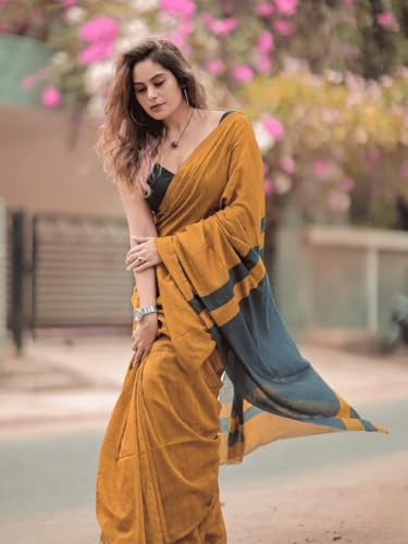Image of Women's Cotton Woven Soft Sarees With Attach Blouse Piece.