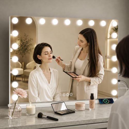 Image of ROLOVE 39.4 inch x 27.6 inch Extra Large Hollywood Vanity Mirror with Lights, 3 Color Lighting Modes, 10X Magnifying Mirror, Touch Control, Tabletop or Wall Mounted Makeup Mirror, White
