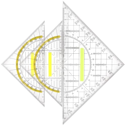 Juego de transportadores de 3 piezas, regla triangular matemática con mango, escuadra con escala amarilla transparente, adecuado para la escuela, dibujo