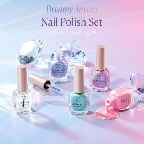Image of AZUREBEAUTY Pearl Nail Polish Set 4 Colors Ombre Mermaid Shimmer | Pink Aqua Blue Purple Quick Dry Shell Glitter Effect, Dreamy Aurora Look, Women Gift Home Manicure DIY