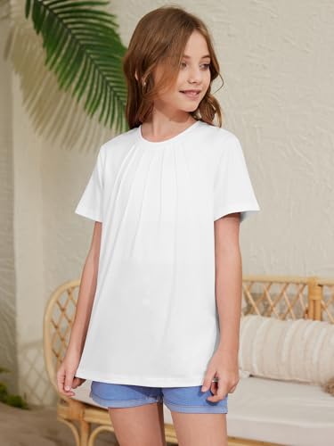 ZDC Girls Short Sleeve T Shirts Kids Summer Pleated Tops Crewneck Basic Tee 5-14 Years4