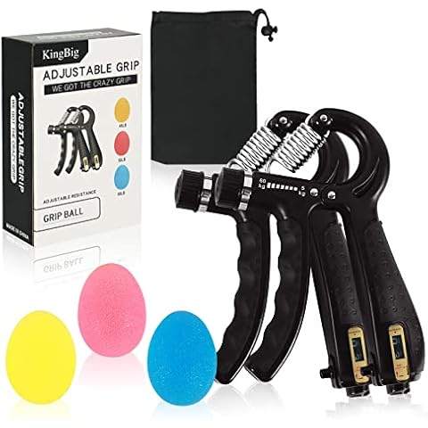 KingBig Hand Grip Strength Trainer Kit,2 Adjustable Resistance 10-130 lbs Forearm Exerciser,3 Resistance Levels Stress Relief Ball for Finger Wrist Muscles Arthritis Grip Exerciser with Bag(5 Pack) Cover