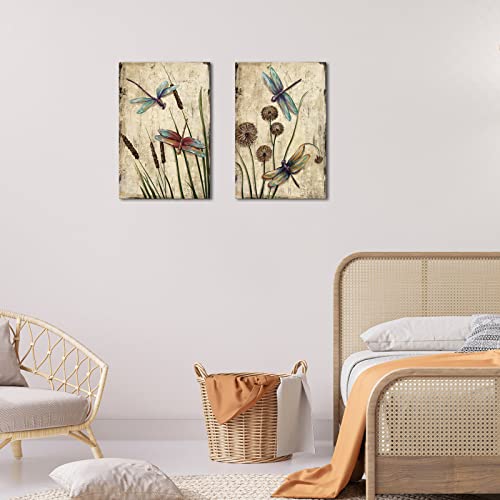 Klvos Dragonfly Canvas Wall Art Decor Vintage Insect Dragonflies Dandelion Picture Print On Canvas Modern Animal Artwork Framed For Bedroom Bathoom Ready To Hang 12X16 Inch #TOP2