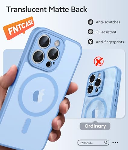Image of FNTCASE for iPhone 15 Pro Max Case: [Compatible with Magsafe] Translucent Matte Cases with [Full Camera Protection] [Screen Protector] Military Grade Shockproof Protective Phone Cover - Light Blue