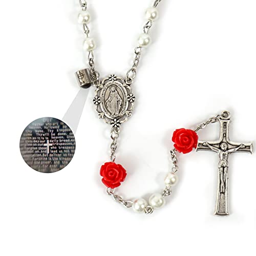 Nazareth Store Pearl Beads Rosary Beaded Necklace Projection Our Father Prayer Medal with Miraculous Centerpiece and Jesus Crucifix NS (White) - Thumbnail 4