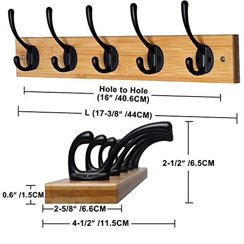 Dseap Wall Mounted Coat Rack: 16" Hole To Hole, Coat Hook Hanger With 5 Metal Hooks For Hanging Coats Towels Hats Clothes, Natural & Black #TOP1