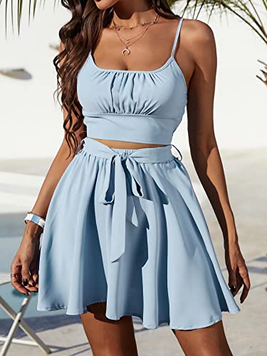 Romwe Women's 2 Piece Outfits Ruched Shirred Crop Cami Top And Belted Mini Skirt Set Light Blue M #TOP2