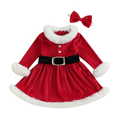 XIXIMAON Vestido de Navidad para Bebé Niña Vestido Navideño de Felpa con Manga Larga y Diadema para Navidad 3 pcs Traje de Navidad para Chica de 1 a 5 Años (Rojo 2, 4-5 Años)