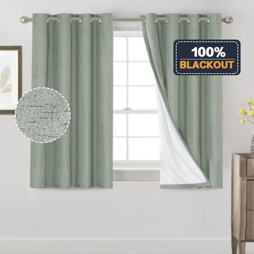 Image of PrinceDeco 100% Blackout Curtains 54 inch Long Green Blackout Curtains for Bedroom Linen Texture Solid Thermal Insulated with White Liner Luxury Decor for Nursery 52x54 Inch (2 Panels)
