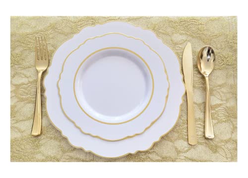 Kit 20 Assiettes Dîner & Entrée Dessert + 30 Couverts + Chemin de Table Doré / Vaisselles Réutilisables PVC Mariage Soirée Noël pour 10 Personnes (51 pièces)