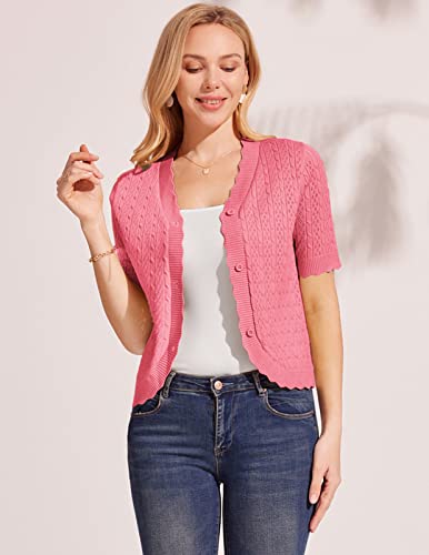 Short Sleeve Cardigan For Women Vee Neck Crochet Sweater Jacket Cropped Bolero Shrug Cardigan(Watermelon S) #TOP2