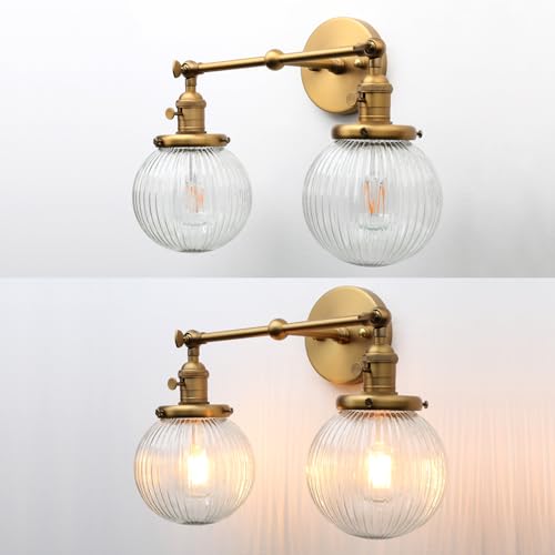 Image of PERMO 2 Lights Sconce with Switch Industrial Gold Wall Sconce Lighting with Ribbed Globe Lampshade Vintage Double Wall Sconce Bathroom Sconce, Hardwired, E26 Base