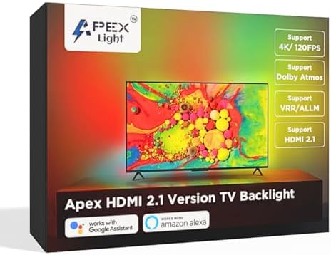 APEX LIGHT HDMI 2.1 Version TV Backlight, HDMI 2.1 Sync Box, Supports 8K@60Hz, 4K@120Hz, VRR and ALLM, Works with Google Assistant and Alexa, RGBIC LED Light Strip for 32-90 inch TVs, 60 LEDs/m