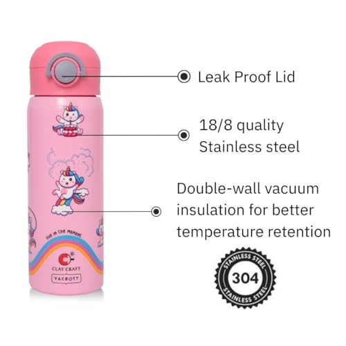 Image of Clay Craft Water Bottle 550ML Stainless Steel Sports /Leak Proof Bottle | Double Walled | for Home, Office, Gym, Travelling | Lightweight | BPA Free | BIS Certified | 1 Year Limited Warranty | Pink