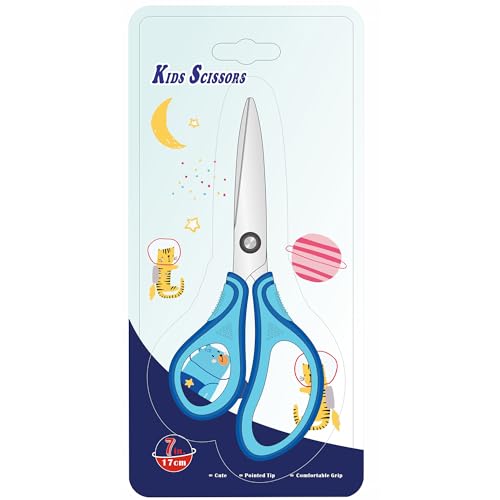 SLEMOON 7" Real Left handed Student Scissors, Premium Stainless Steel Blades Shears for Age 8~12,Ergonomic Semi-Soft ABS Rubber Grip, Suitable for School, Office and Family Daily Use,Blue