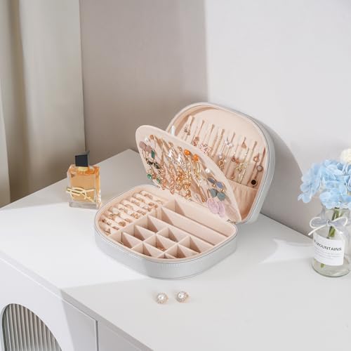 ProCase Travel Size Jewelry Box, Large Portable Seashell-Shaped Jewelry Case, 2 Layer Jewelry Organizer in PU Leather for Women -Silver