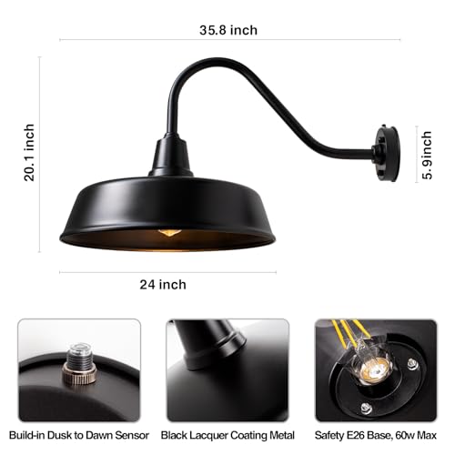 Image of 24 inch Barn Lights Outdoor Gooseneck Lighting, Dusk to Dawn Black Exterior Barn Lights, Farmhouse Wall Lighting Fixtures with Sensor for Porch Garage (2, 24 inch Diameter)