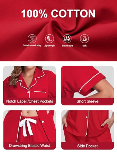Image of COLORFULLEAF Women's 100% Cotton Pajamas Set Button Down Sleepwear Short Sleeve Shirt and Long Pants Soft Ladies Lounge Sets