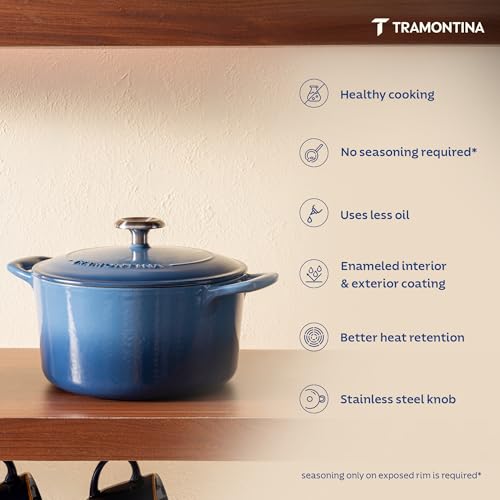 Image of TRAMONTINA Bestow Round Dutch Oven 3.3L with Lid | Enameled Cast Iron Casserole Pot & Biryani Pot | Even Heat Retention | Low Oil Healthy Cooking | No Seasoning Required | All Cooktops Compatible | Blue
