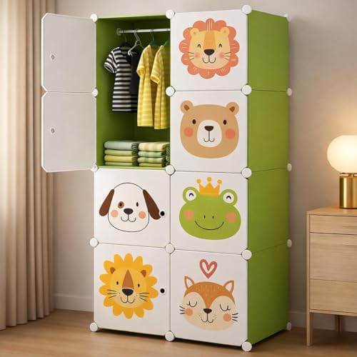 Image of Foldable Plastic Wardrobe for Clothes - Baby Cupboard for Clothes Storage, Wardrobe for Kids, Plastic Almirah, Collapsible Wardrobe for Kids Livingroom & Home (8-Layer-Green)