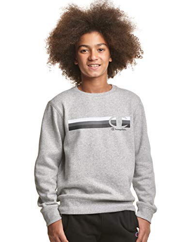 Champion Boy's Long-Sleeve Fleece Crew Sweatshirt (Multi Stripe C Logo) (Oxford Grey Heather, Large (L, 14-16))
