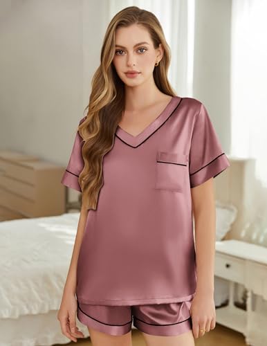 Image of Silk Pajamas for Women Short Sleeve Satin 2 Piece Pj Set Soft V Neck Sleepwear Loungewear, S-XXL