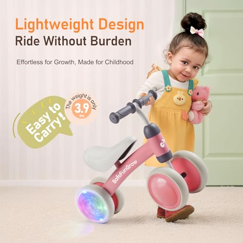 Image of Colorful Lighting Baby Balance Bike Toys for 1 Year Old Girl Gifts, Balance Bike 1 Year Old No Pedal, 12-24 Months Toddler Ride on Toys with 4 Silent Wheels & Soft Seat, 1st Birthday Gifts, Pink