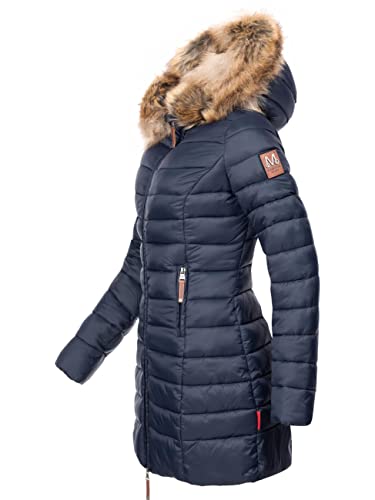 MARIKOO Damen Wintermantel warmer Steppmantel lang mit Kapuze und abnehmbarem Kunstfell-Kragen Rose Blau Gr. L