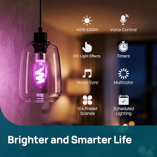 Image of Linkind E12 Led Bulb, RGBTW Color Changing Matter Smart Light Bulbs, 2 Pack | Work with Alexa /Apple /Google Home, 40W RGBTW Smart Filament Bulbs for Chandelier, 2.4Ghz WiFi Only Candelabra Bulbs, 400 LM