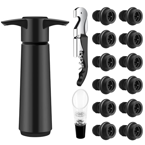 AUROAY Kit de 15 peças para vinho: Bomba de vácuo, 12 tamanhos, porta-rolhas e saca-rolhas em ABS preto - mantenha o vinho fresco e saboroso! Reutilizável + presente ideal