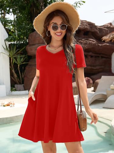 Image of KORSIS Dresses for Women Casual T-Shirt Summer Short Sleeve Loose Comfy Dress Swing Flowy Beach Vacation Sundress with Pocket