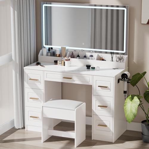 Makeup Vanity Desk with Mirror and LED Lights, 43'' W Makeup Vanity Desk with Power Outlet, 3 Color Modes, 7 Drawers Vanity Table with Chair, Dressing Table for Bedroom, Dressing Room