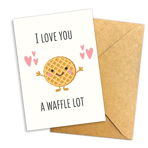 Podagree I Love You a Waffle Lot Greeting Card, Cute Breakfast Pun Note with Kraft Envelope, Funny Romantic Card for Couples Friends Family – 8x5.3 Inch with Envelope