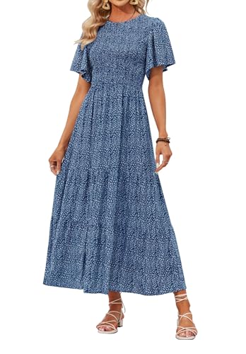 Image of ZESICA Women's 2026 Summer Boho Floral Maxi Dresses Casual Short Flutter Sleeve Smocked Tiered Flowy Dress