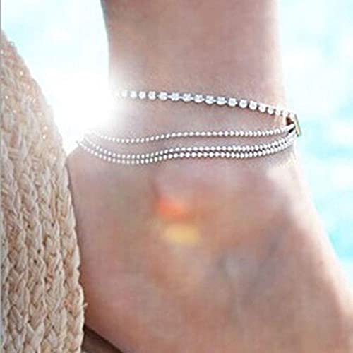 Shegirl Fashion Multilayer Anklet Bracket Rhinestone Layered Anklet Brackets Silver Bead Flash Drill Anklet Chain Beach Foot Jewelry for Women and Girls