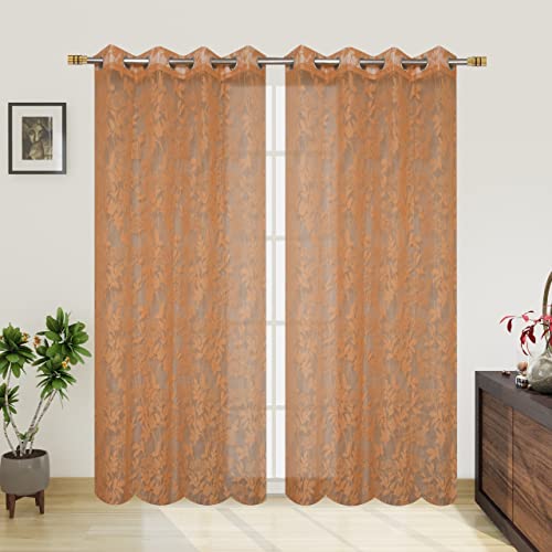 Image of Heavy Polyester Beautiful Floral Design Tissue Net Door Curtains 9 Feet Long Set of 4 | 4 * 9ft 122 * 274 cm | Parde for Living Room and Bedroom | Brown Curtains