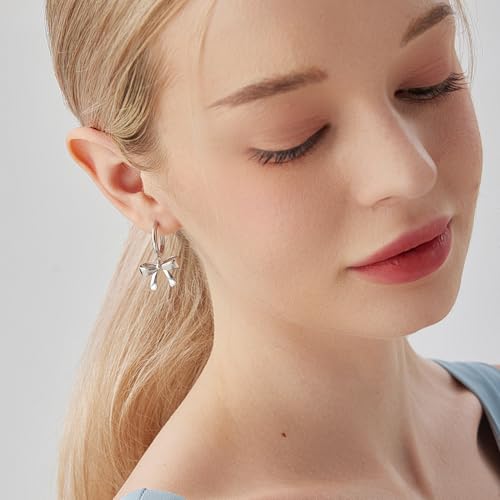 Bow Earrings for Women Lightweight Hypoallergenic Silver/Gold Bow Dangle Huggies Earrings for Women Trendy Jewellery Gift4