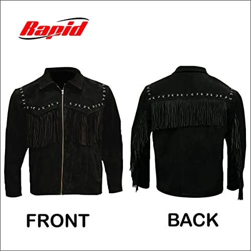 Image of Men's Western Suede Fringe Jacket - Cowboy Style Genuine Leather Coat - Native American Tassel Design