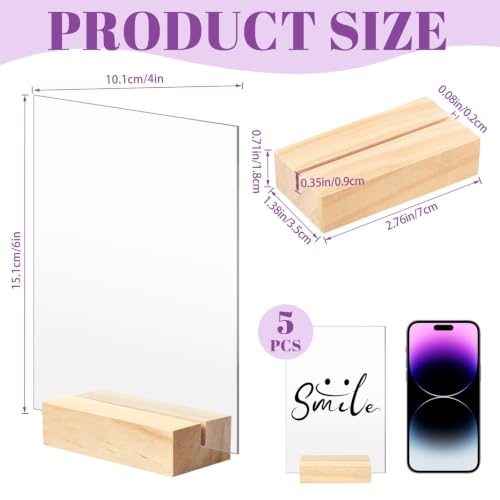 Image of Bercoor 5 Pack 4x6 Inch Blank Clear Acrylic Sign with Wooden Stands, Rectangle Top Acrylic Sheet, DIY Acrylic Rectangle Table Numbers for DIY Name Card Gifts Event Party Sign Decoration