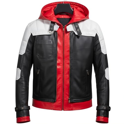 Image of Men's Motorcycle Jacket with Red Hood, Black White Faux Leather (XXL)