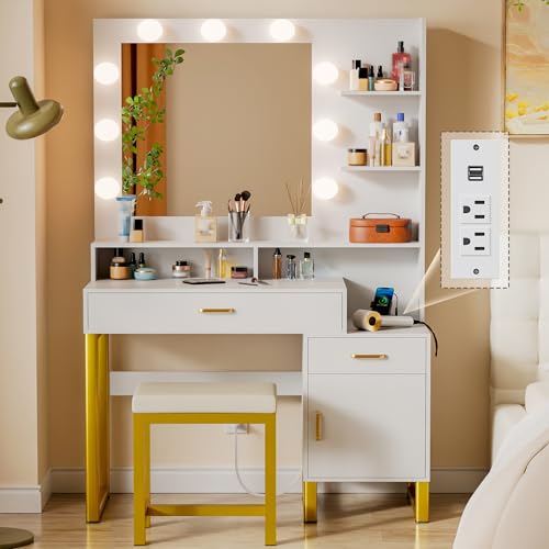 Image of Xilingol Vanity Desk with Mirror & Lights, 37" Vanity Set with Mirror and Stool, Modern Makeup Table W/ 2 Drawers, Power Outlet & Cabinet, Vanity for Makeup Room, Bedroom, White