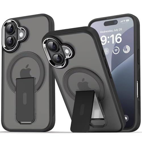 Image of DIZORO Compatible with iPhone 16 Case with Magsafe, Included Kick Stand, Non Yellow Military-Grade Drop Protection & Hard PC Back Cover Slim Matte Feel Anti-Scratch Shockproof Phone Case - Black