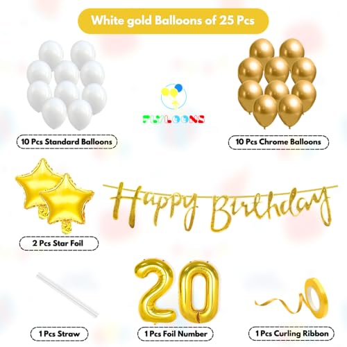Image of Flyloons 20th Happy Birthday Decoration Kit Gold White for Boys Girls Kids Twins Men Women With 20 Pcs Chrome Balloons Birthday Banner 2 Pcs Star Items Set Golden