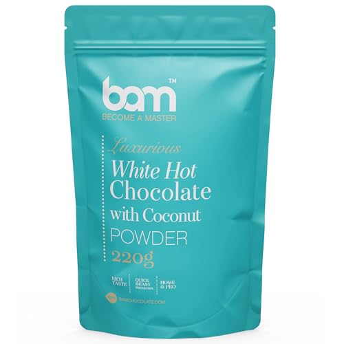BAM Lujosa mezcla de bebida de chocolate caliente blanco con polvo de coco, 220 g, 7 porciones