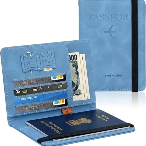 Image of PU Leather Passport Holder Travel Wallet Organiser for Men & Women | 4 Card Slots 2 SIM Slots Money Case | Travel Document Case Cover Passport Pouch Slim Unisex Gift - (Pack of 2) SkyBlue